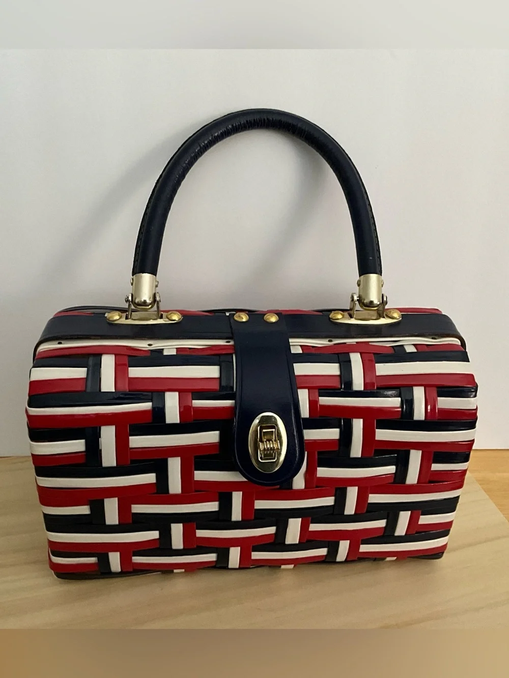 Woven Tricolor Top-Handle Bag - Red, White & Blue